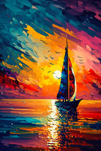 Abstract painting concept. Colorful art of a sailboat on the sea at sunset. Mediterranean culture.