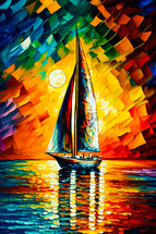 Abstract painting concept. Colorful art of a sailboat on the sea at sunset. Mediterranean culture.