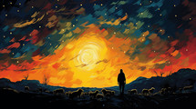 Painted illustration of shepherd in the field looking up at the night sky. 