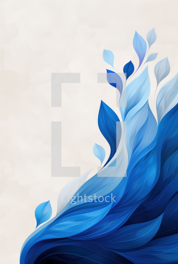 Abstract design with blue, flowing leaf-like shapes rising from the bottom corner, symbolizing growth, creativity, and natural elegance.