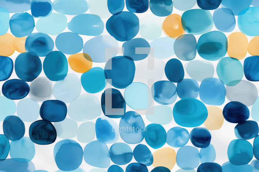 Abstract watercolor pattern featuring soft, overlapping circles in various shades of blue, teal, and hints of yellow. The design evokes a calm, coastal vibe with a modern touch.