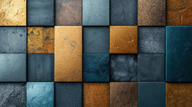 Geometric abstract artwork featuring a grid of textured squares in varying shades of gold, bronze, and teal, creating a rich, industrial-inspired composition.