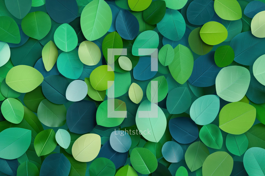 Vibrant eco-themed pattern featuring an array of overlapping leaves in various shades of green and blue. The design emphasizes nature, growth, and sustainability.