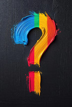 Vibrant question mark painted with bold, multicolored brushstrokes on a dark textured background, symbolizing creativity, inquiry, and uncertainty.