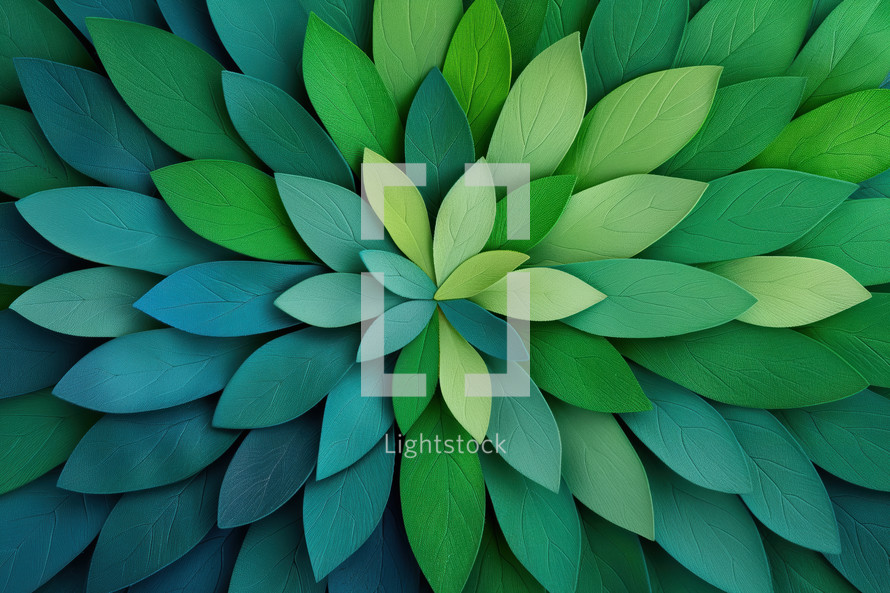 Abstract eco-themed art featuring a vibrant pattern of overlapping leaves in varying shades of green and blue. The design evokes nature, growth, and sustainability.