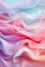 A soft and delicate abstract composition of flowing pastel-colored fabric-like waves in pink, purple, and blue hues. The smooth, undulating forms create a sense of gentle movement and tranquility.