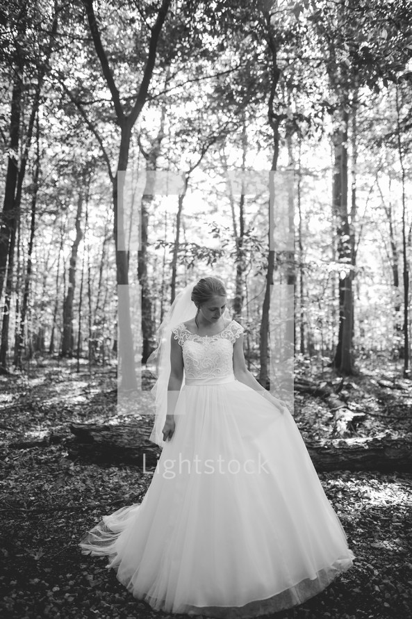 bride standing in the woods 