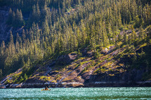 A man kayaking in a fjord lined with cliffs and trees