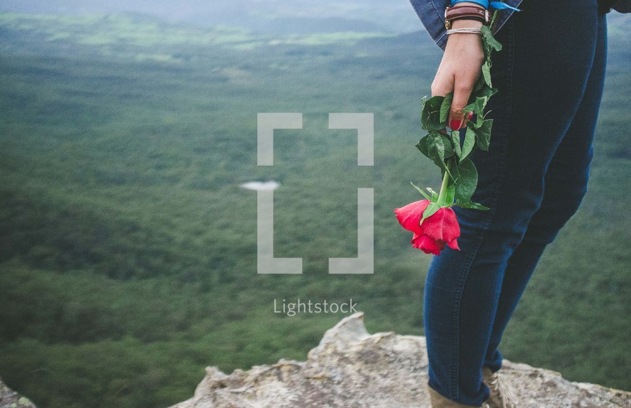woman holding a rose standing at the edge of a cliff 