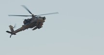 Israeli Air Force AH-64D Apache Longbow military helicopter attacking targets with canon