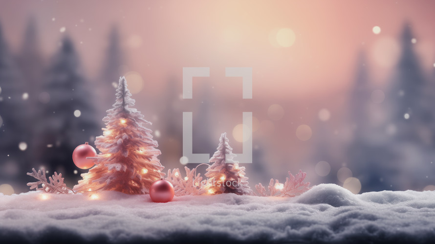 Holiday season background with space for text. Small tiny pink Pinetree trees and lights grow up with the vast forest in the background. Snow lays in the foregound