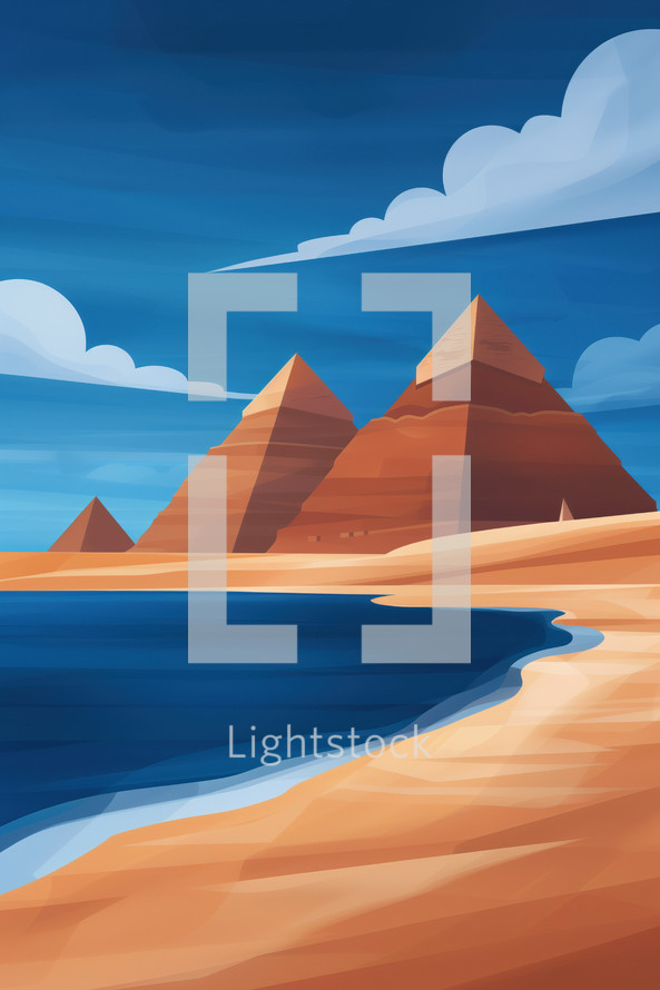 Egyptian pyramids beside a serene water body under a vibrant blue sky. The scene blends ancient architecture with natural beauty in a modern, impressionistic style.