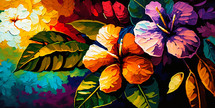Abstract painting concept. Colorful art of a tropical landscape with flowers.