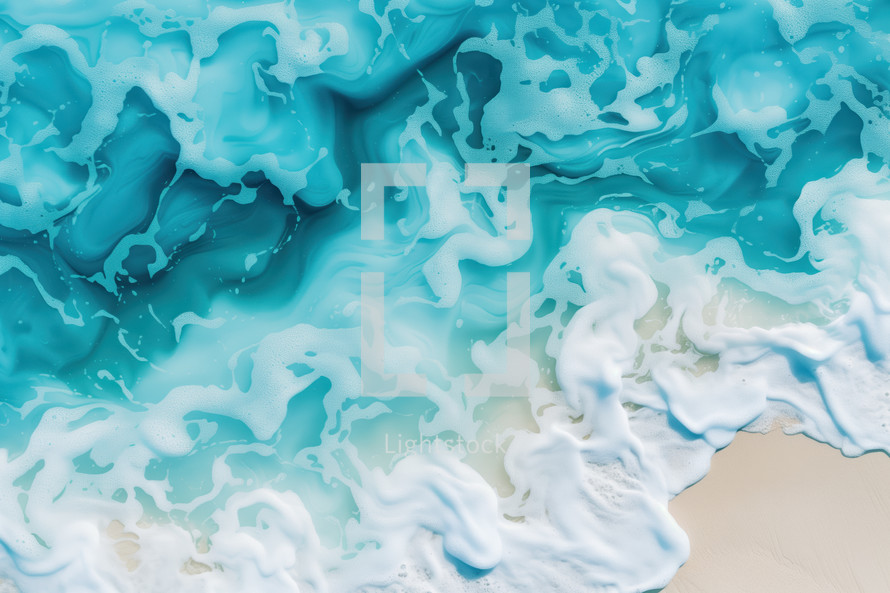 Aerial view of a beautiful turquoise ocean wave gently washing onto a sandy beach, with intricate patterns formed by the foam. The scene is serene and evokes coastal tranquility.