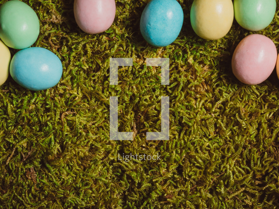 Colorful Easter eggs on green grass.