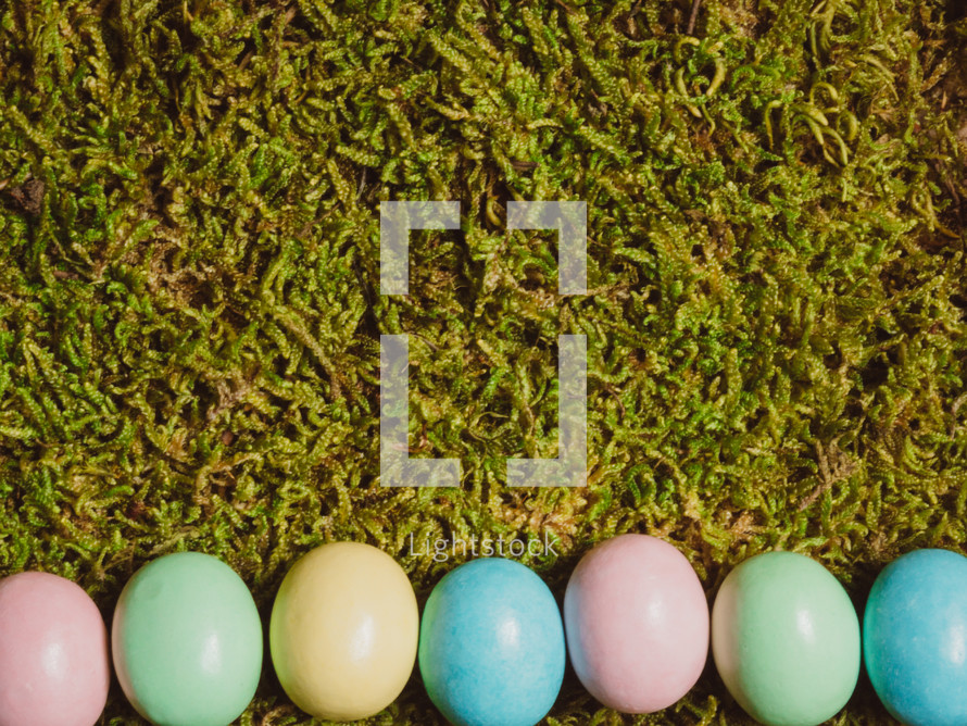 A line of colorful eggs on green grass.