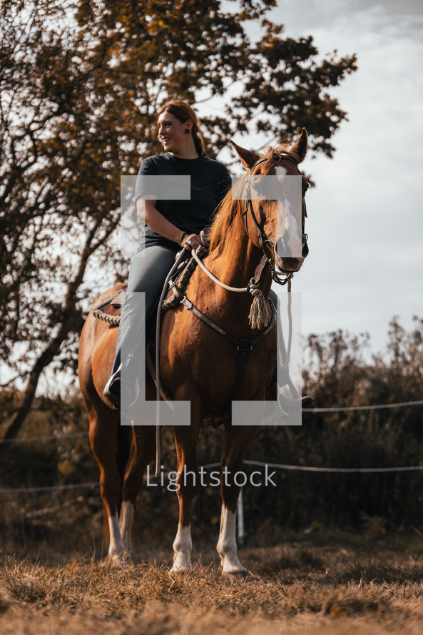 Horse riding woman on a brown stallion, western style saddle horseback rider