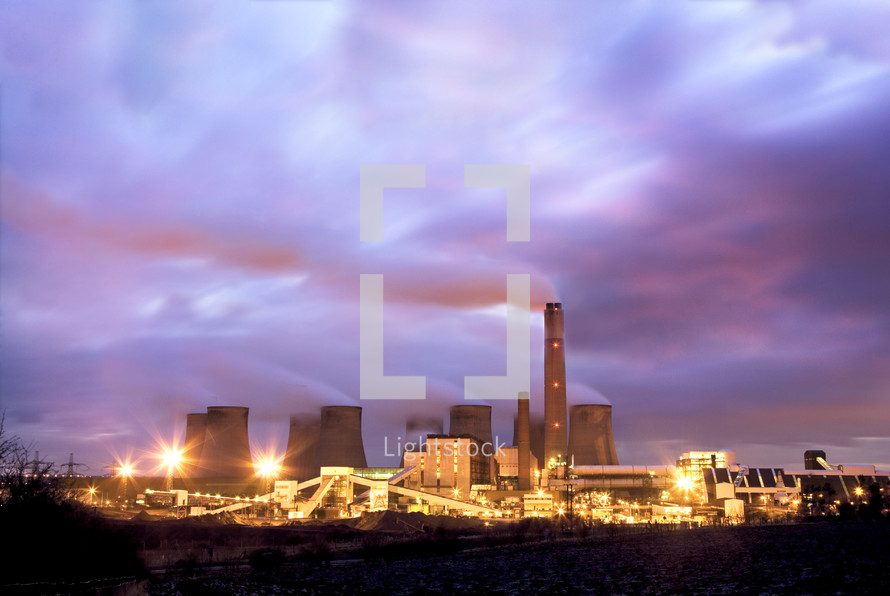 Coal fired power station at dusk