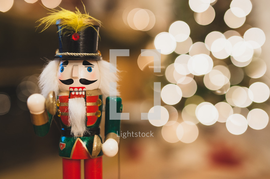 nutcracker and Christmas tree lights 