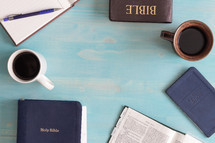 Bibles and prayer book with coffee cup 