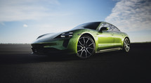Porsche Taycan electric vehicle, green EV sports car