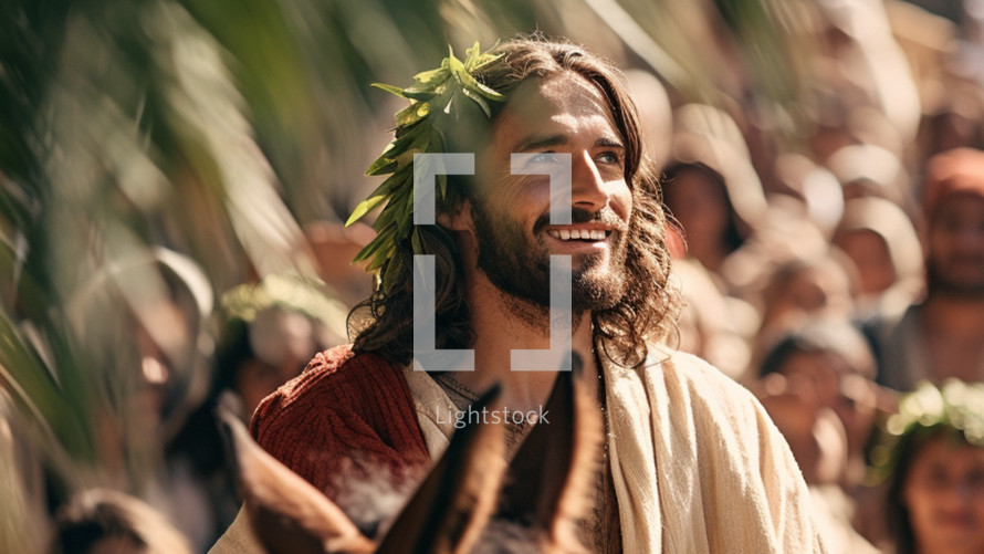 Jesus riding on a donkey through jerusalem on Palm Sunday