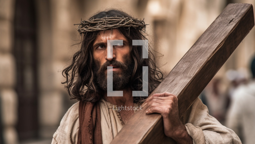 Jesus walking through jerusalem with the crucifix wearing a crown of thorns