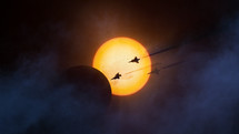 Solar eclipse with three fighter planes
