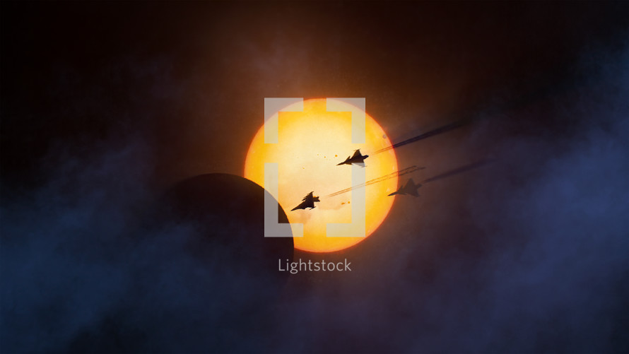 Solar eclipse with three fighter planes

