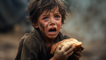Portrait of starving little child with a piece of bread crying desperately during the war
