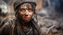 Caucasian girl with mud on face after explosion. War or Revolution concept