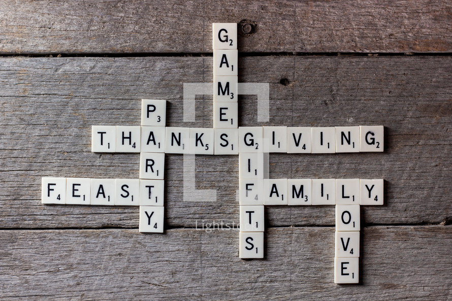 scrabbles pieces with words of Thanksgiving 