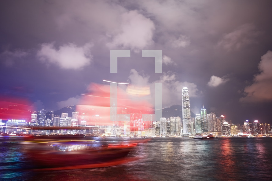 Tourist boat and Hong Kong skyline