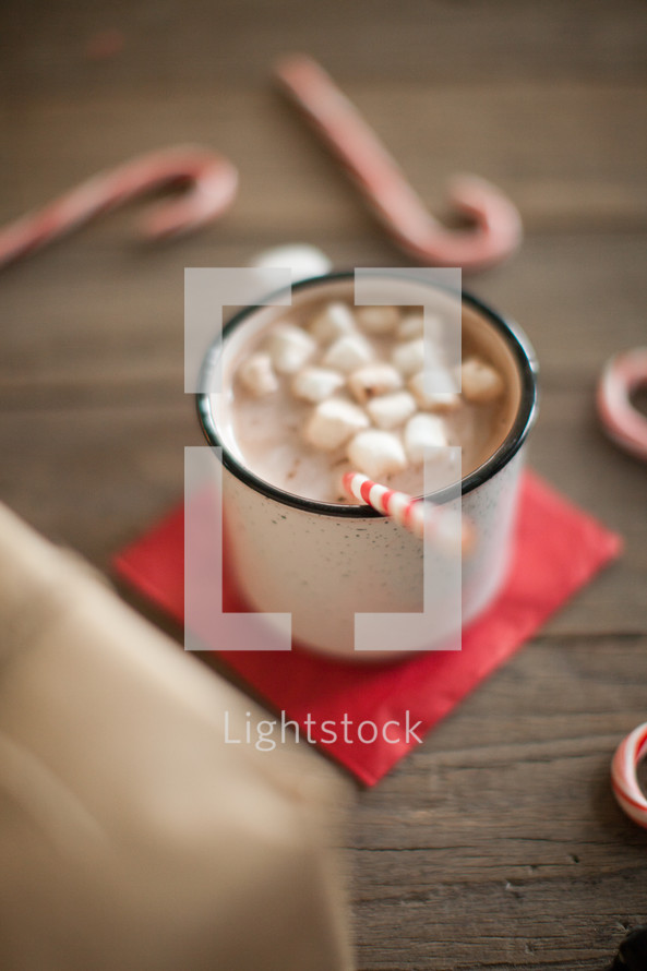 a mug of hot cocoa and candy canes 