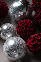 silver and red Christmas ornaments 