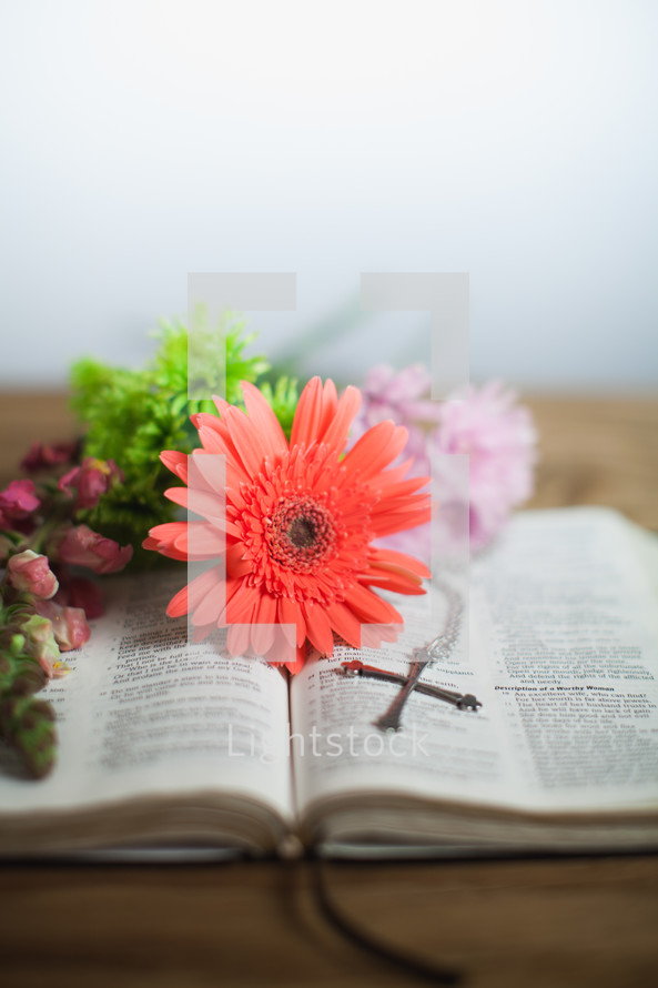 A cross and flowers on an open Bible.