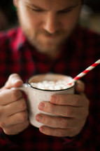 drinking, man, plaid shirt, holding, drinking, hot chocolate, marshmallows, hot cocoa, winter