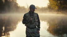 A Smiling young fly fisherman on a foggy river at sunrise