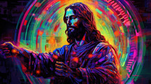 Painting of Jesus on bold neon colors. The shape of a circle fills out the background. Glass art design. 