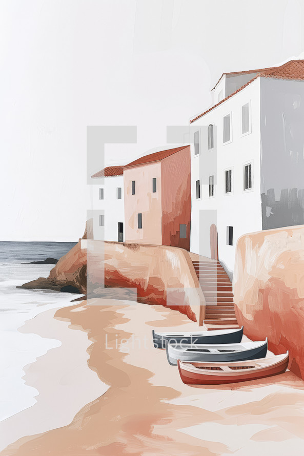 Coastal serenity captured in a minimalist painting of a French beach scene, with warm-hued buildings against a pale sky and boats resting on the shore.