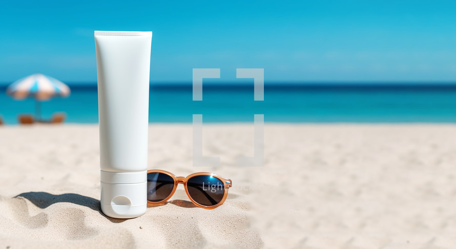 White plastic tube of sunscreen on sandy beach. 