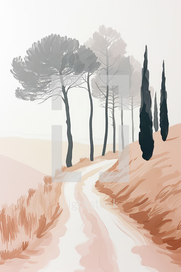 Minimalist landscape painting of a winding path with trees, soft hues, and a foggy ambiance.