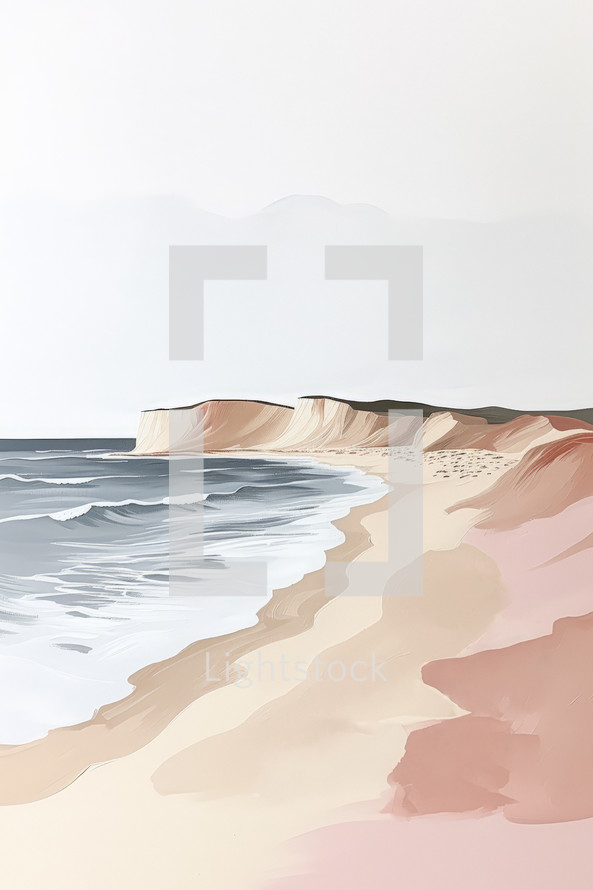 Minimalist French beach scene, soft pastel cliffs and gentle waves, tranquil and modern.
