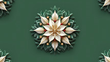 Symmetrical floral ornament of a snowflower on a green background. 
