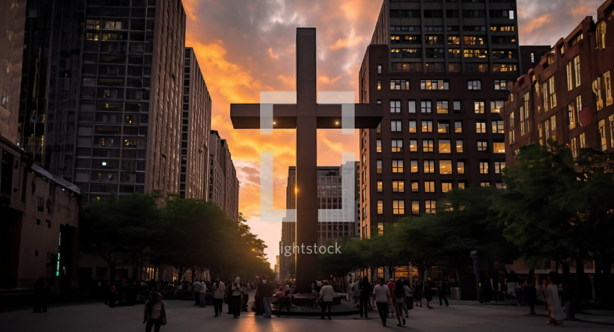 large cross in the middle of a busy city with buildings surrounding