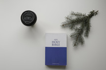 coffee cup, Holy Bible, and pine bough 