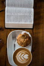 cappuccino, plate, muffin, breakfast, Bible, pages