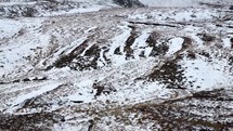 Panning Across a Barren Snowy Landscape to a Frozen Lough Bray, County Wicklow, Ireland