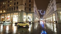 TURIN, ITALY—Night view of Via Roma street at Christmas time.