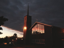 church exterior at night 